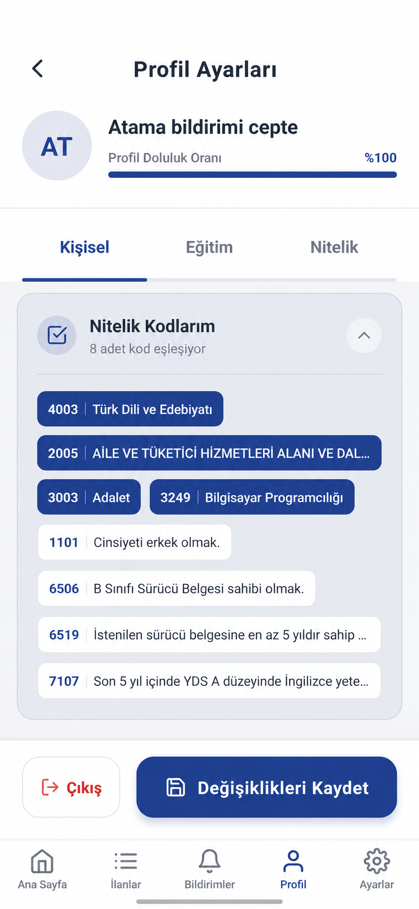 Açık tema profil ve ayarlar ekranı