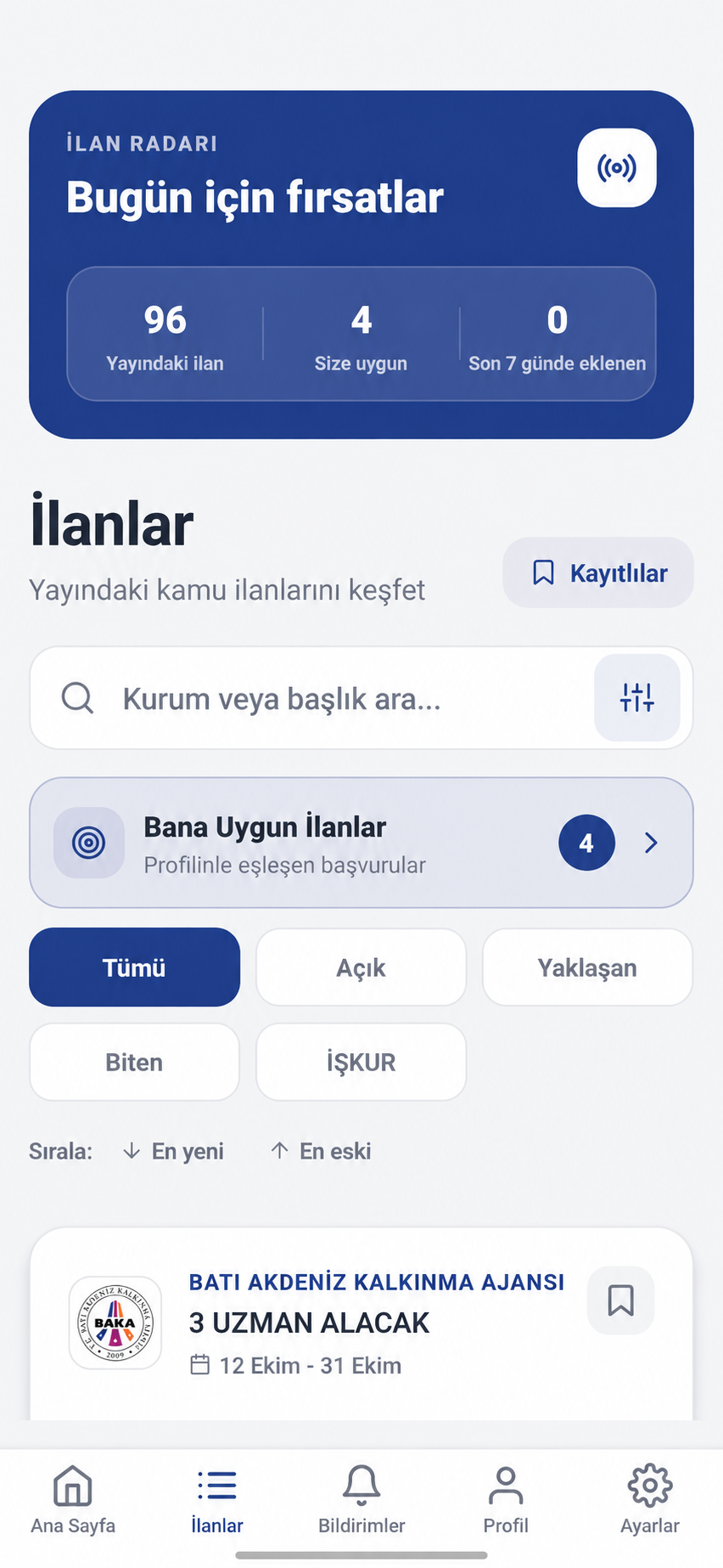 Açık tema ilanlar ekranı